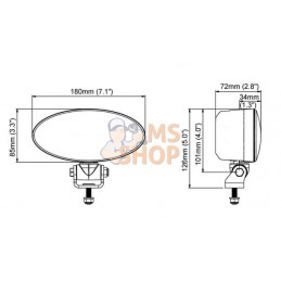 Phare de travail LED, 32W, 3500lm, ovale, 12/24V, blanc, boulonné, tête pivotante, 180x126x72mm,Deutsch 2 broches, Flood, 6 LED,