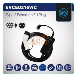 Câble de recharge EV Home, type 2, fiche UE, 3,7 kW, 8-16A, 5m | UNBRANDED Câble de recharge EV Home, type 2, fiche UE, 3,7 kW, 