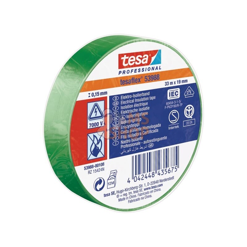 Ruban d'isolation électrique en PVC souple, vert, 33m x 19mm TesaFLEX® | TESA Ruban d'isolation électrique en PVC souple, vert, 