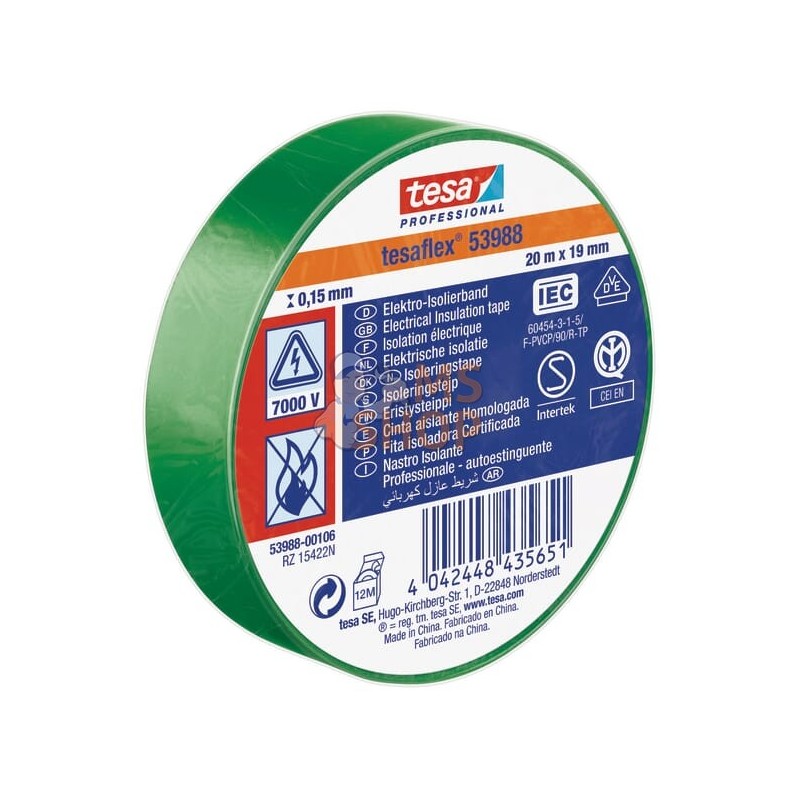 Ruban d'isolation électrique en PVC souple, vert, 20m x 19mm TesaFLEX® | TESA Ruban d'isolation électrique en PVC souple, vert, 