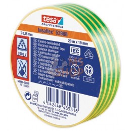 Ruban isolant électrique en PVC souple, jaune/vert, 20m x 19mm TesaFLEX® | TESA Ruban isolant électrique en PVC souple, jaune/ve