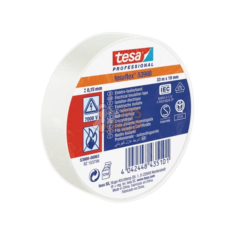 Ruban d'isolation électrique en PVC souple, blanc, 33m x 19mm TesaFLEX® | TESA Ruban d'isolation électrique en PVC souple, blanc