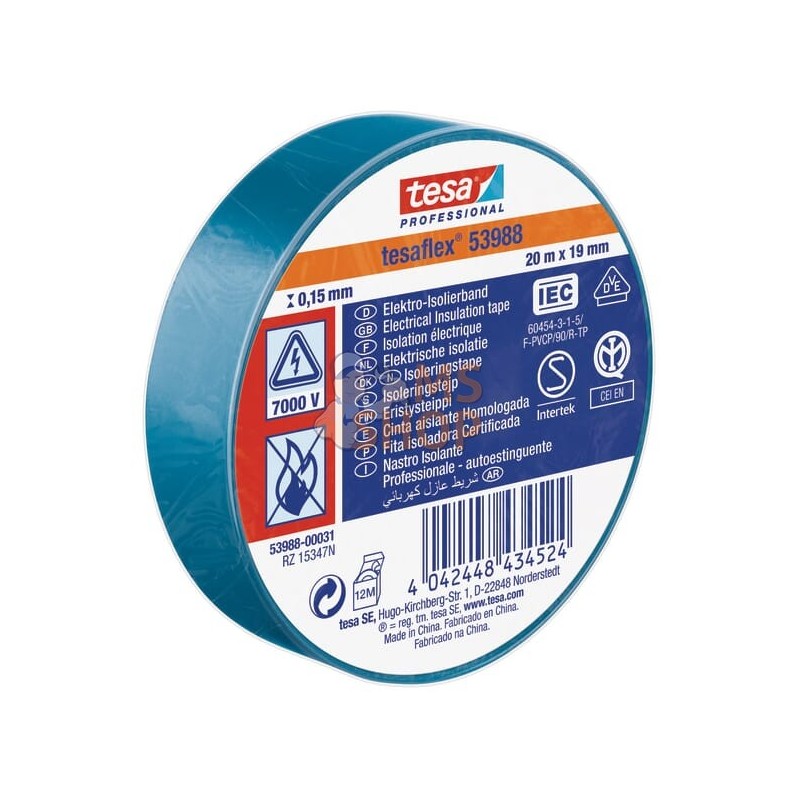 Ruban d'isolation électrique en PVC souple, bleu, 20m x 19mm TesaFLEX® | TESA Ruban d'isolation électrique en PVC souple, bleu, 