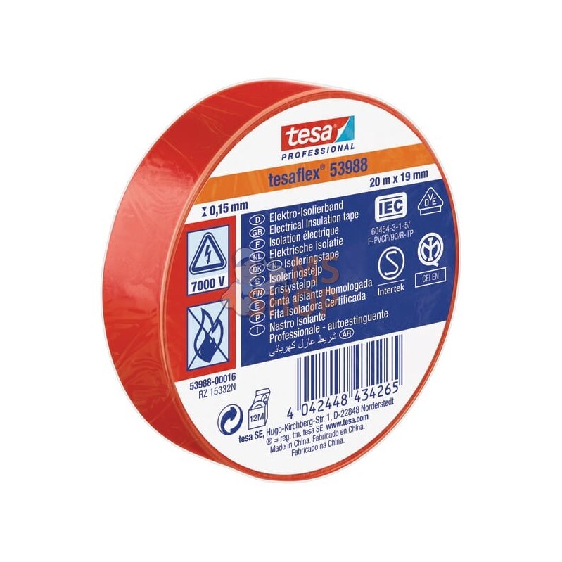 Ruban d'isolation électrique en PVC souple, rouge, 20m x 19mm TesaFLEX® | TESA Ruban d'isolation électrique en PVC souple, rouge