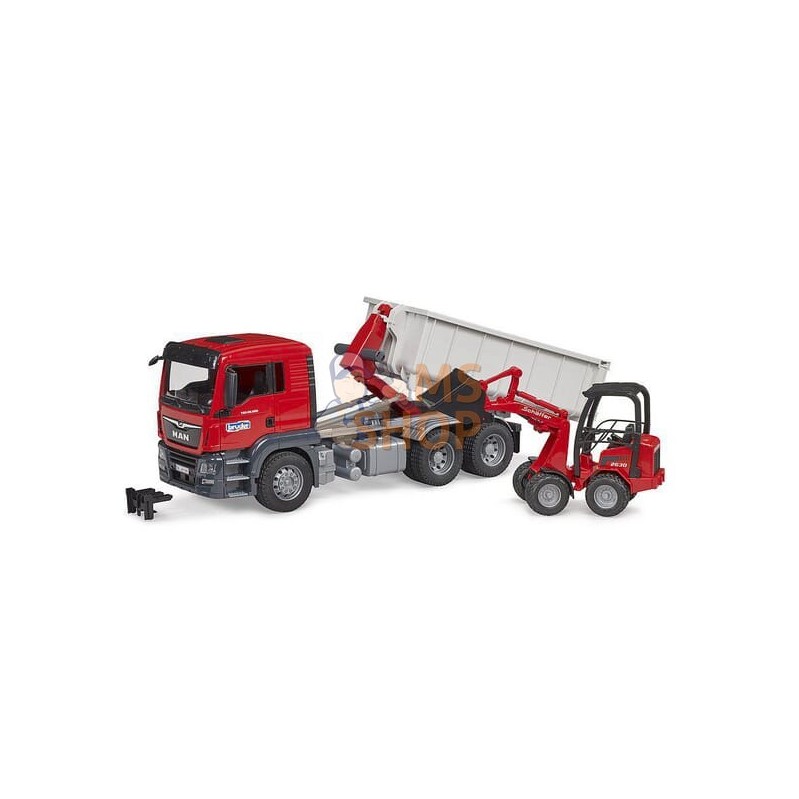 Camion avec conteneur Roll-Off et chargeur compact Schäffer 2630 MAN TGS | BRUDER Camion avec conteneur Roll-Off et chargeur com