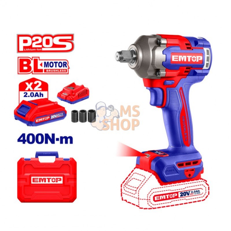 Clé à chocs 1/2" 400 Nm avec batterie 20 V P20S (avec douilles 17-19-21 ; 2 batteries, chargeur et étui) | EMTOP - ECIWL2040E