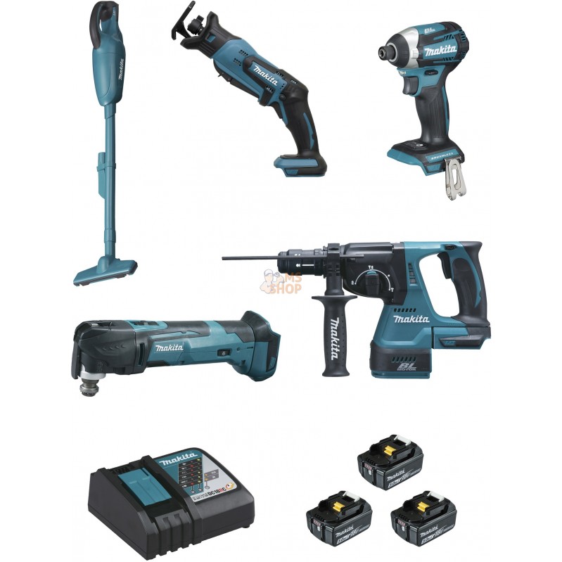 Ensemble de 5 machines 18 V Li-Ion 5 Ah Batterie 18 V LXT  (DTD154 + DHR243 + DTM51 + DJR183 + DCL18 | MAKITA Ensemble de 5 mach