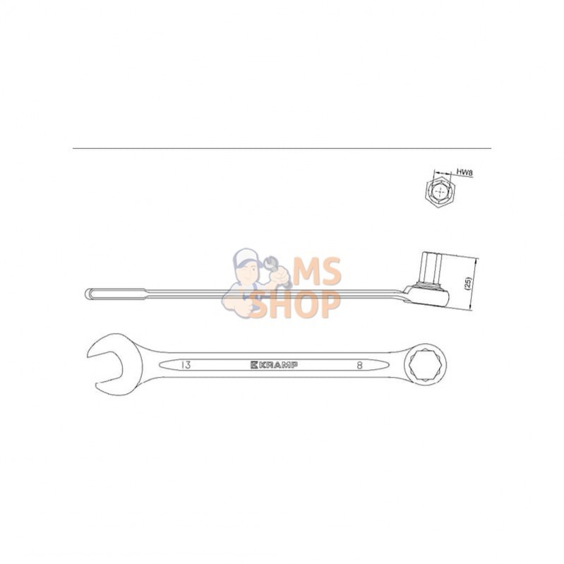 0007364291N; KRAMP; Clé à fourches 13 mm x clé hex 8 mm; pièce detachée 0007364291N; KRAMP; Clé à fourches 13 mm x clé hex 8 mm; pièce detachée