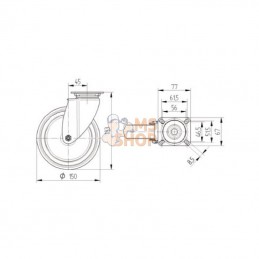 7470PJC150P50; TENTE; Roue pivotante, roue en polyuréthane : Ø150x32mm, Fixation de plaque: 77x67mm Load: 100kg Tente; pièce det