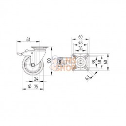 7477PJC075P40; TENTE; Roue pivotante, roue en polyuréthane : Ø75x25mm, with brake, Acier inoxydable Fixation de plaque: 60x60mm 