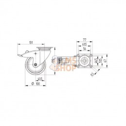 7477PJC100P50; TENTE; Roue pivotante, roue en polyuréthane : Ø100x32mm, with brake, Acier inoxydable Fixation de plaque: 77x67mm