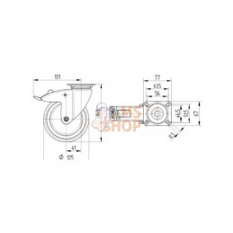 7477PJC125P50; TENTE; Roue pivotante, roue en polyuréthane : Ø125x32mm, with brake, Acier inoxydable Fixation de plaque: 77x67mm