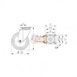 7470PJC125P50; TENTE; Roue pivotante, roue en polyuréthane : Ø125x32mm, Fixation de plaque: 77x67mm Load: 100kg Tente; pièce det