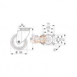 7470PJC100P50; TENTE; Roue pivotante, roue en polyuréthane : Ø100x32mm, Fixation de plaque: 77x67mm Load: 100kg Tente; pièce det