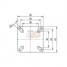 7470PJC075P40; TENTE; Roue pivotante, roue en polyuréthane : Ø75x25mm, Fixation de plaque: 60x60mm Load: 75kg Tente; pièce detac