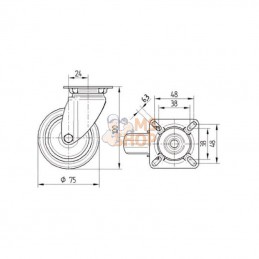 7470PJC075P40; TENTE; Roue pivotante, roue en polyuréthane : Ø75x25mm, Fixation de plaque: 60x60mm Load: 75kg Tente; pièce detac