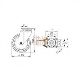 2470PJP125P50; TENTE; Roue pivotante, roue en polyuréthane : Ø125x32mm, Fixation de plaque: 77x67mm Load: 100kg Tente; pièce det