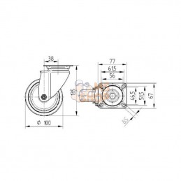 2470PJP100P50; TENTE; Roue pivotante, roue en polyuréthane : Ø100x32mm, Fixation de plaque: 77x67mm Load: 100kg Tente; pièce det
