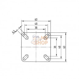 2470PJP075P40; TENTE; Roue pivotante, roue en polyuréthane : Ø75x25mm, Fixation de plaque: 60x60mm Load: 75kg Tente; pièce detac