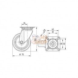 2470PJP075P40; TENTE; Roue pivotante, roue en polyuréthane : Ø75x25mm, Fixation de plaque: 60x60mm Load: 75kg Tente; pièce detac