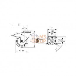 2477PJP100P50; TENTE; Roue pivotante, roue en polyuréthane : Ø100x32mm, Fixation de plaque: 77x67mm Load: 100kg Tente; pièce det