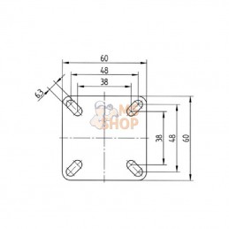 2477PJP075P40; TENTE; Roue pivotante, roue en polyuréthane : Ø75x25mm, Fixation de plaque: 60x60mm Load: 75kg Tente; pièce detac