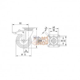 2477PJP075P40; TENTE; Roue pivotante, roue en polyuréthane : Ø75x25mm, Fixation de plaque: 60x60mm Load: 75kg Tente; pièce detac