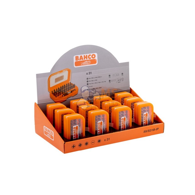 59/S31B-IP;BAHCO;Jeu de 31 embouts pour vis à fente, Phillips®, Pozidriv®, TORX®, 6 pans, porte-embouts et adaptateur 1/4";pièce 59/S31B-IP;BAHCO;Jeu de 31 embouts pour vis à fente, Phillips®, Pozidriv®, TORX®, 6 pans, porte-embouts et adaptateur 1/4";pièce