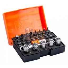 2058/S26-2;BAHCO;Jeu de 26 pièces : 18 embouts pour vis à fente, 6 pans, Phillips, Pozidriv, Torx, 5 douilles, un cliquet, un  a