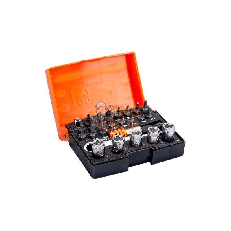 2058/S26-2;BAHCO;Jeu de 26 pièces : 18 embouts pour vis à fente, 6 pans, Phillips, Pozidriv, Torx, 5 douilles, un cliquet, un a 2058/S26-2;BAHCO;Jeu de 26 pièces : 18 embouts pour vis à fente, 6 pans, Phillips, Pozidriv, Torx, 5 douilles, un cliquet, un a